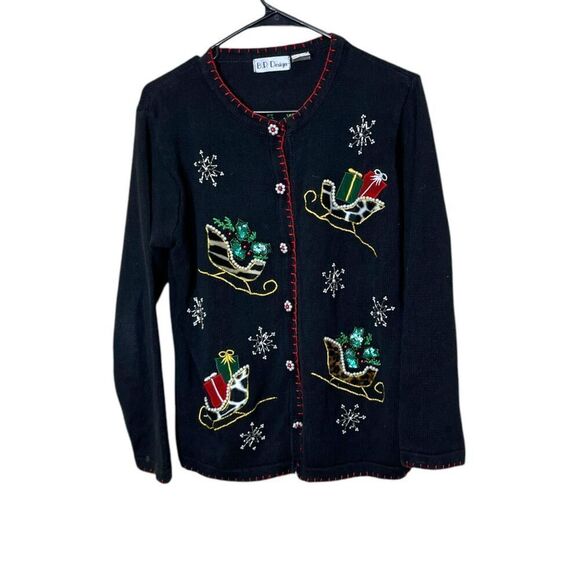 Vintage BP Design Christmas Cardigan Leopard Fur Sleighs Sequins/Pearls Size S - Picture 2 of 9